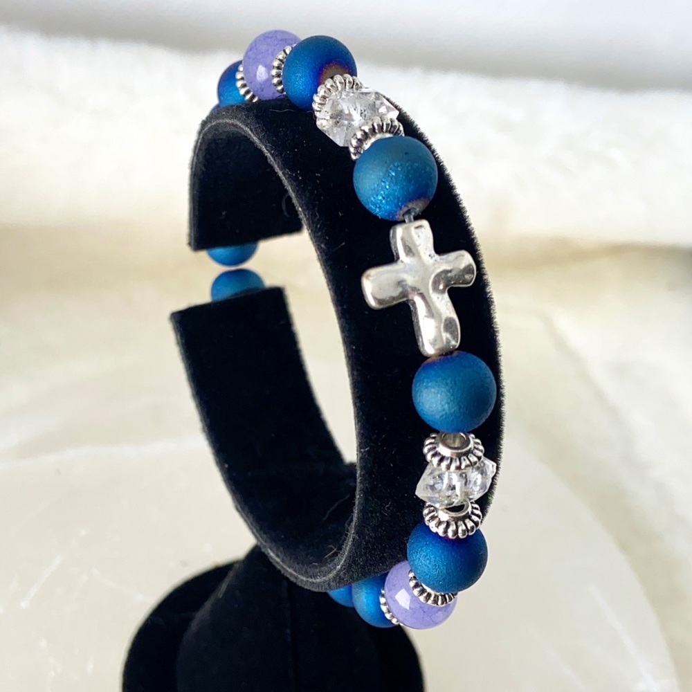 Herkimer diamonds blue druzy quartz cross bracelet